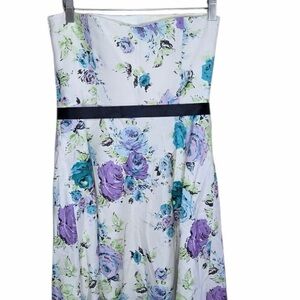 Ann Taylor | Silk Ivory Purple Blue Green Rose Floral Strapless Dress Size 4